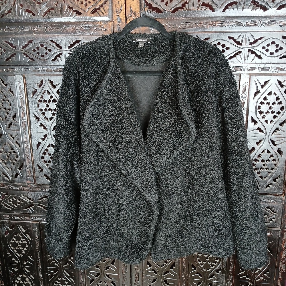 Express Cozy Black Sherpa Flyaway Jacket Size Medium Super Soft‎ & Warm